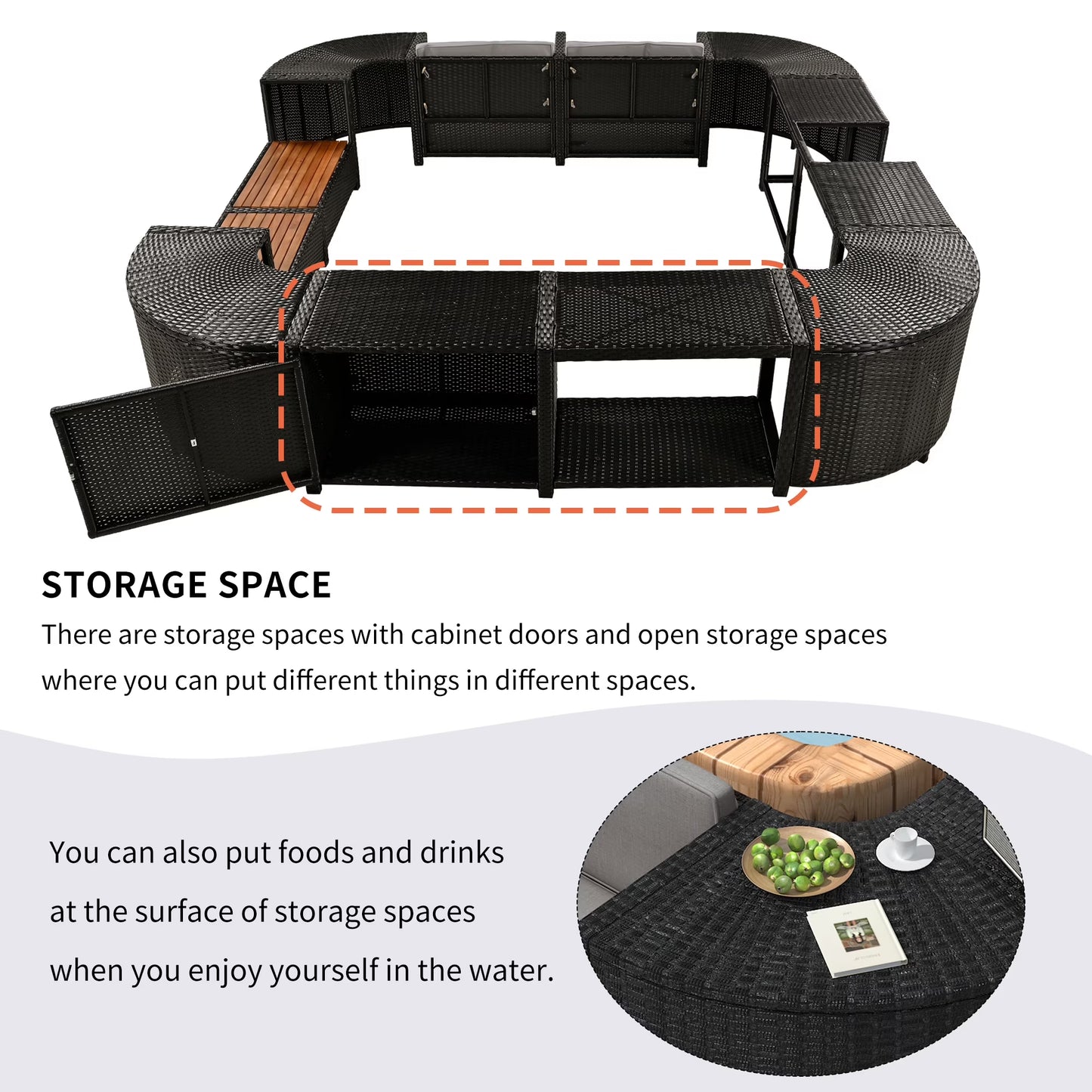 Spa Surround Furniture for Hot Tub, 74'' Hot Tub Accessories Patio Spa Frame, Rattan Sectional Sofa for Outdoor Spa with Wood Bench, Cushioned Loveseat, Storage Cabinet, Gray