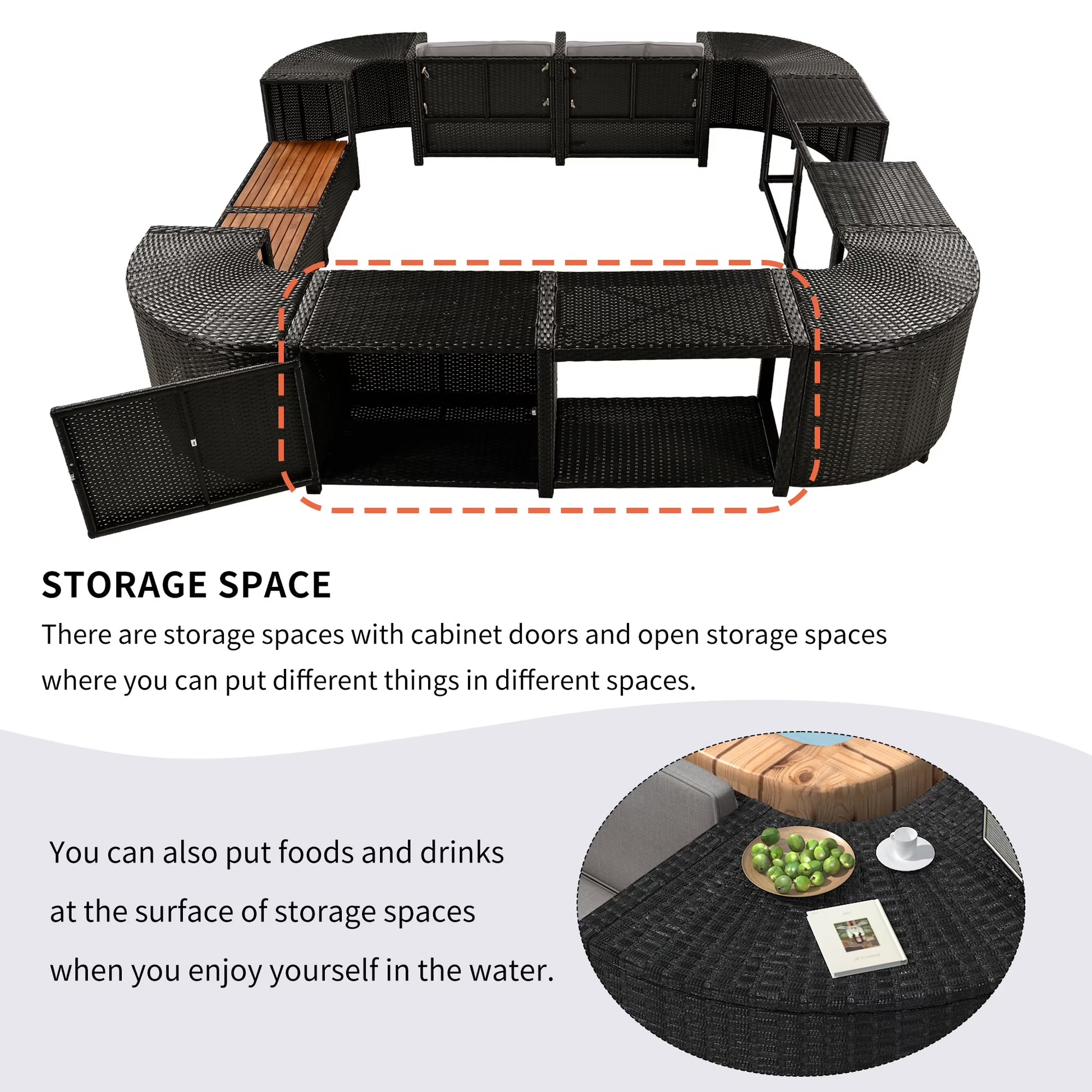 Spa Surround Furniture for Hot Tub, 74'' Hot Tub Accessories Patio Spa Frame, Rattan Sectional Sofa for Outdoor Spa with Wood Bench, Cushioned Loveseat, Storage Cabinet, Gray