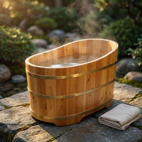 34 Inches Small Handcrafted Free Standing Wooden Bathtub, Portable Deep Soaking Tub for Relaxation, Natural Cedar Wood, Ideal for Home Spas and Bathroom Renovations, Perfect Hot Tub Option — Studio Shot