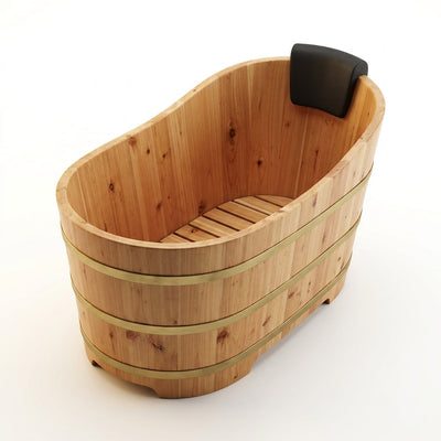 Freestanding Wooden Bathtub Crafted for Deep Soaking, Natural Cedar Wood, 34 Inch, Handcrafted Design