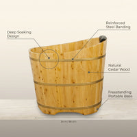 34 Inches Small Handcrafted Free Standing Wooden Bathtub, Portable Deep Soaking Tub for Relaxation, Natural Cedar Wood, Ideal for Home Spas and Bathroom Renovations, Perfect Hot Tub Option — infographic