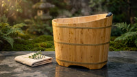 34 Inches Small Handcrafted Free Standing Wooden Bathtub, Portable Deep Soaking Tub for Relaxation, Natural Cedar Wood, Ideal for Home Spas and Bathroom Renovations, Perfect Hot Tub Option — Lifestyle