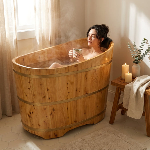 Freestanding Wooden Bathtub Crafted for Deep Soaking, Natural Cedar Wood, 34 Inch, Handcrafted Design