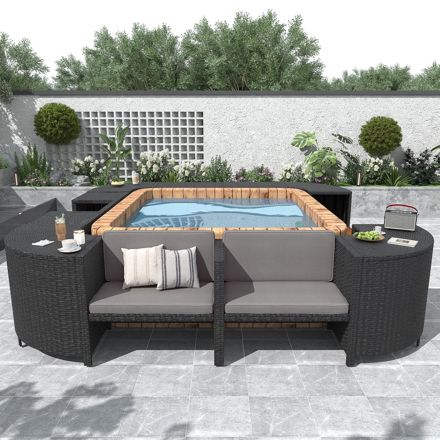 Spa Surround Furniture for Hot Tub, 74'' Hot Tub Accessories Patio Spa Frame, Rattan Sectional Sofa for Outdoor Spa with Wood Bench, Cushioned Loveseat, Storage Cabinet, Gray