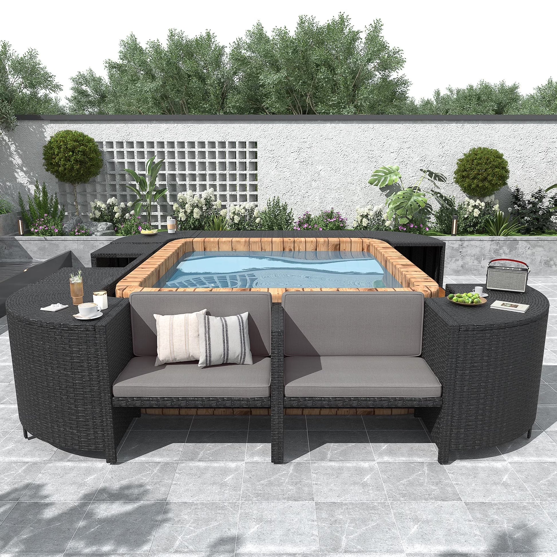 Spa Surround Furniture for Hot Tub, 74'' Hot Tub Accessories Patio Spa Frame, Rattan Sectional Sofa for Outdoor Spa with Wood Bench, Cushioned Loveseat, Storage Cabinet, Gray