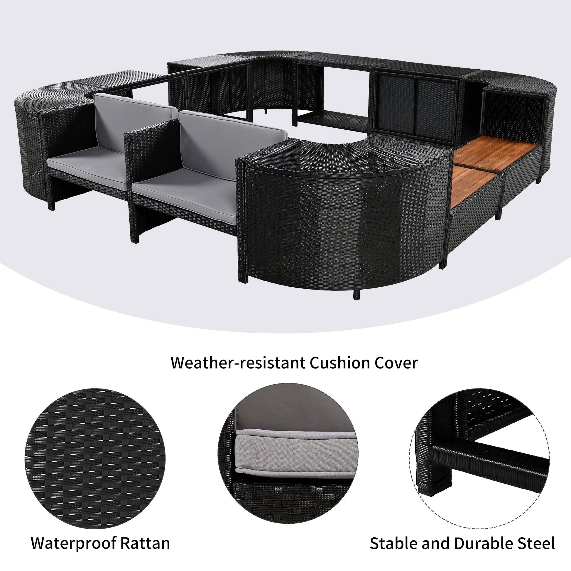 Spa Surround Furniture for Hot Tub, 74'' Hot Tub Accessories Patio Spa Frame, Rattan Sectional Sofa for Outdoor Spa with Wood Bench, Cushioned Loveseat, Storage Cabinet, Gray