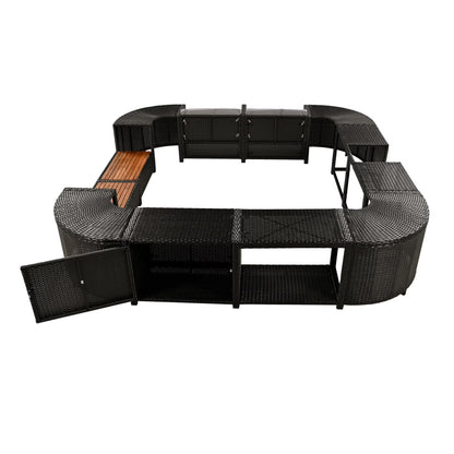 Spa Surround Furniture for Hot Tub, 74'' Hot Tub Accessories Patio Spa Frame, Rattan Sectional Sofa for Outdoor Spa with Wood Bench, Cushioned Loveseat, Storage Cabinet, Gray