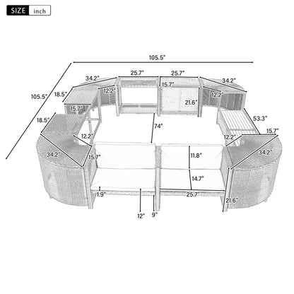 Spa Surround Furniture for Hot Tub, 74'' Hot Tub Accessories Patio Spa Frame, Rattan Sectional Sofa for Outdoor Spa with Wood Bench, Cushioned Loveseat, Storage Cabinet, Gray