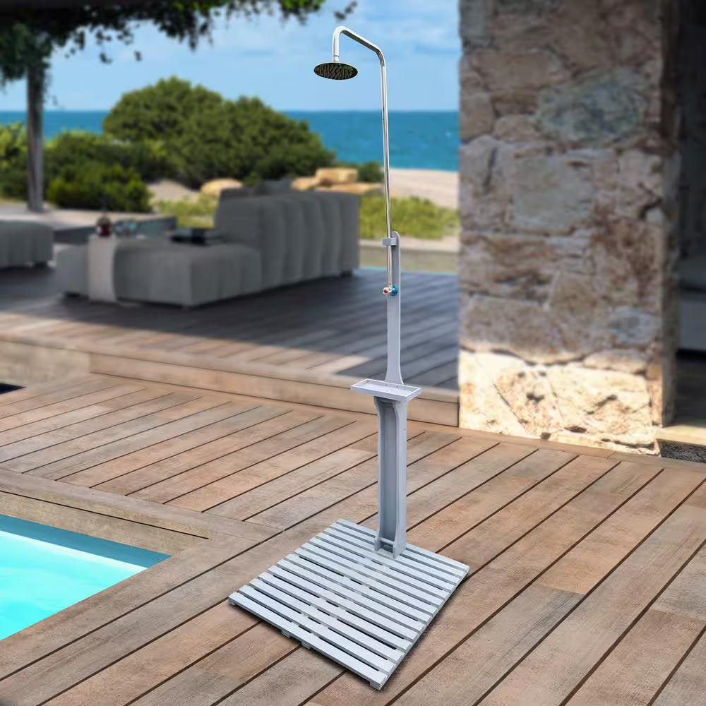 Wooden Outdoor Garden Pool Shower with Chassis Board, for Swimming Pool, Patio, Terrace, Garden, Gray