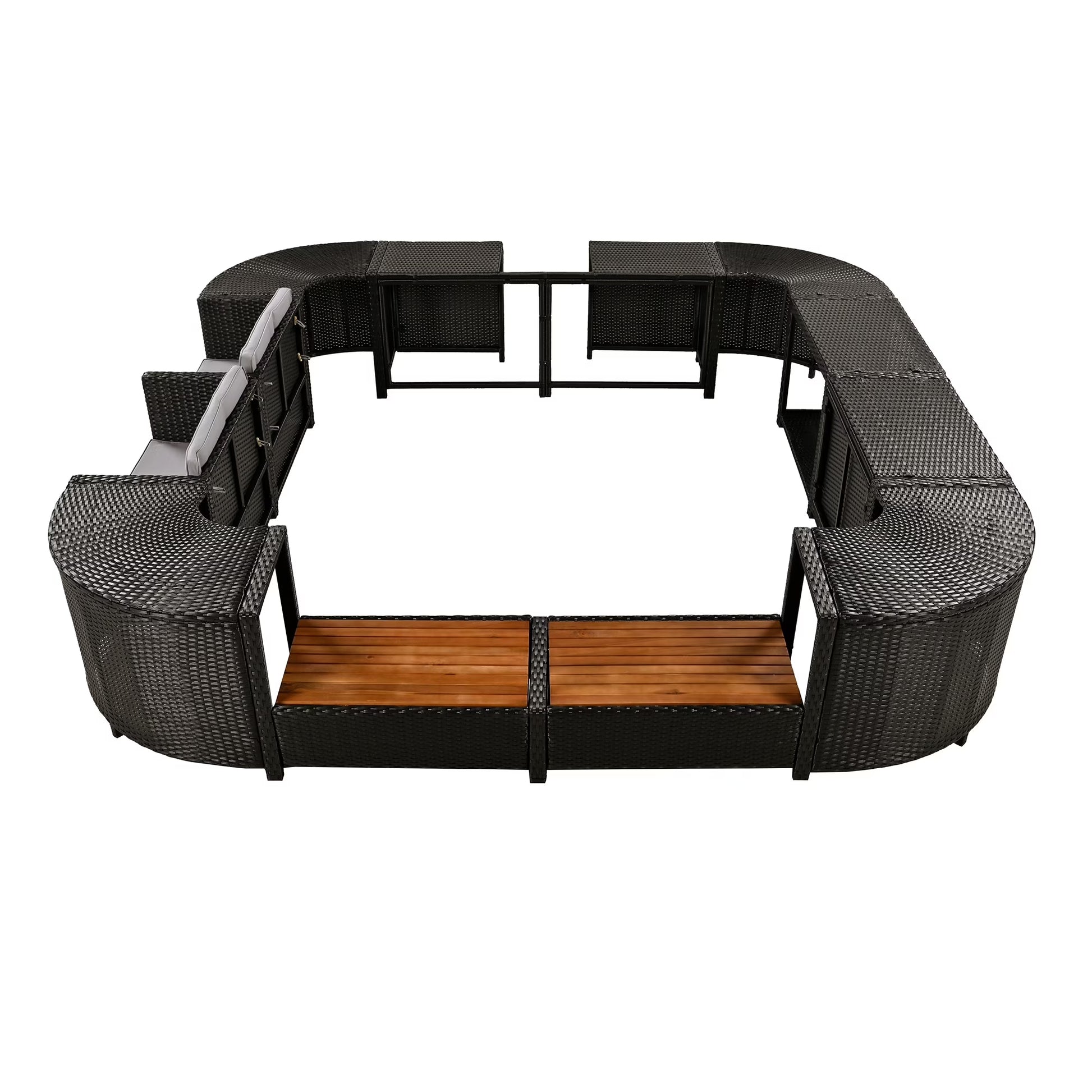 Spa Surround Furniture for Hot Tub, 74'' Hot Tub Accessories Patio Spa Frame, Rattan Sectional Sofa for Outdoor Spa with Wood Bench, Cushioned Loveseat, Storage Cabinet, Gray