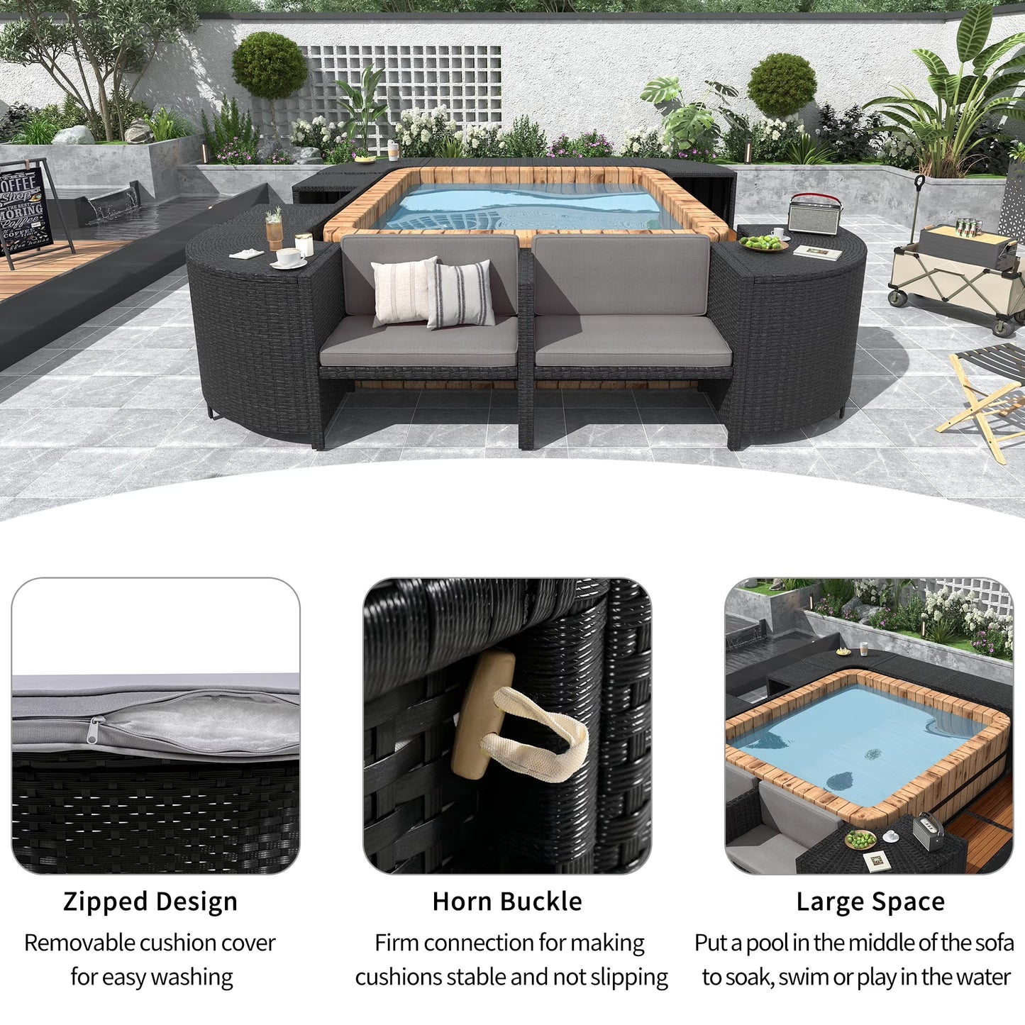 Spa Surround Furniture for Hot Tub, 74'' Hot Tub Accessories Patio Spa Frame, Rattan Sectional Sofa for Outdoor Spa with Wood Bench, Cushioned Loveseat, Storage Cabinet, Gray