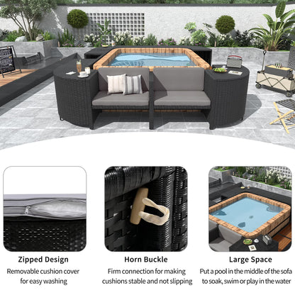 Spa Surround Furniture for Hot Tub, 74'' Hot Tub Accessories Patio Spa Frame, Rattan Sectional Sofa for Outdoor Spa with Wood Bench, Cushioned Loveseat, Storage Cabinet, Gray