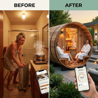 Backyard Discovery Paxton 4-6 Person Traditional Cedar Outdoor Barrel Sauna with Electric Sauna Heater, Front Porch, Sauna Rocks, Dry Heat, Steam Sauna, LED Lights, Wi-Fi Panel, Sauna Accessories — Before & After