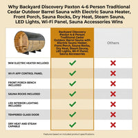 Backyard Discovery Paxton 4-6 Person Traditional Cedar Outdoor Barrel Sauna with Electric Sauna Heater, Front Porch, Sauna Rocks, Dry Heat, Steam Sauna, LED Lights, Wi-Fi Panel, Sauna Accessories — Comparison