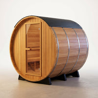 Backyard Discovery Paxton 4-6 Person Traditional Cedar Outdoor Barrel Sauna with Electric Sauna Heater, Front Porch, Sauna Rocks, Dry Heat, Steam Sauna, LED Lights, Wi-Fi Panel, Sauna Accessories — Studio Shot