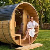 Backyard Discovery Paxton 4-6 Person Traditional Cedar Outdoor Barrel Sauna with Electric Sauna Heater, Front Porch, Sauna Rocks, Dry Heat, Steam Sauna, LED Lights, Wi-Fi Panel, Sauna Accessories — Lifestyle