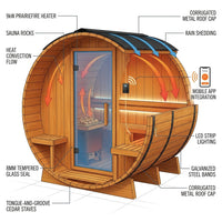 Backyard Discovery Paxton 4-6 Person Traditional Cedar Outdoor Barrel Sauna with Electric Sauna Heater, Front Porch, Sauna Rocks, Dry Heat, Steam Sauna, LED Lights, Wi-Fi Panel, Sauna Accessories — How It Works