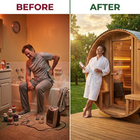 Outdoor Barrel Sauna Designed for Home Wellness, 4-6 Person Cedar, 9kW Electric Heater, Wi-Fi Controls — Before & After