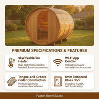 Outdoor Barrel Sauna Designed for Home Wellness, 4-6 Person Cedar, 9kW Electric Heater, Wi-Fi Controls — Results & Stats