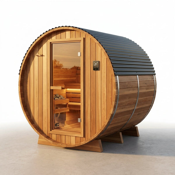 Outdoor Barrel Sauna Designed for Home Wellness, 4-6 Person Cedar, 9kW Electric Heater, Wi-Fi Controls — Studio Shot