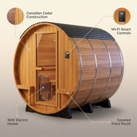 Outdoor Barrel Sauna Designed for Home Wellness, 4-6 Person Cedar, 9kW Electric Heater, Wi-Fi Controls — infographic