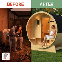 Outdoor Indoor Finland Pine Wet Dry Barrel Sauna 3-5 Person Front Porch Canopy 4.5 Kw ETL Certified Bitumen Shingle Roof — Before & After