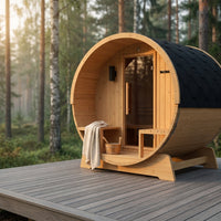 Outdoor Indoor Finland Pine Wet Dry Barrel Sauna 3-5 Person Front Porch Canopy 4.5 Kw ETL Certified Bitumen Shingle Roof — Studio Shot