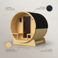 Outdoor Indoor Finland Pine Wet Dry Barrel Sauna 3-5 Person Front Porch Canopy 4.5 Kw ETL Certified Bitumen Shingle Roof — infographic