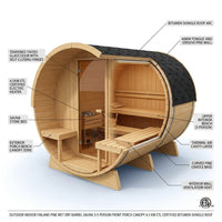 Outdoor Indoor Finland Pine Wet Dry Barrel Sauna 3-5 Person Front Porch Canopy 4.5 Kw ETL Certified Bitumen Shingle Roof — How It Works