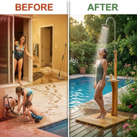 Outdoor Shower Kit for Backyard, 7.2 Ftfreestanding outside Shower with Rotating Shower Head, Outdoor Pool Shower with Chassis Board for Poolside Beach Pool Spa,Wood — Before & After