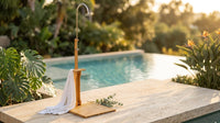 Outdoor Shower Kit for Backyard, 7.2 Ftfreestanding outside Shower with Rotating Shower Head, Outdoor Pool Shower with Chassis Board for Poolside Beach Pool Spa,Wood — Lifestyle