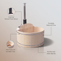 Wood Fired 4-Person to 5-Person 0-Jet Hot Tub and Ice Bath with Internal Stove Pine — infographic