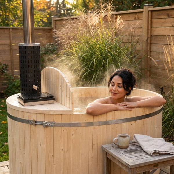 Wood Fired Hot Tub Built for Year-Round Recovery, 4-5 Person Capacity, Pine Construction, Internal Stove