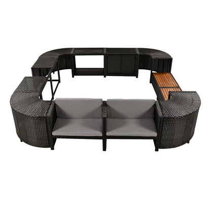 Spa Surround Furniture for Hot Tub, 74'' Hot Tub Accessories Patio Spa Frame, Rattan Sectional Sofa for Outdoor Spa with Wood Bench, Cushioned Loveseat, Storage Cabinet, Gray