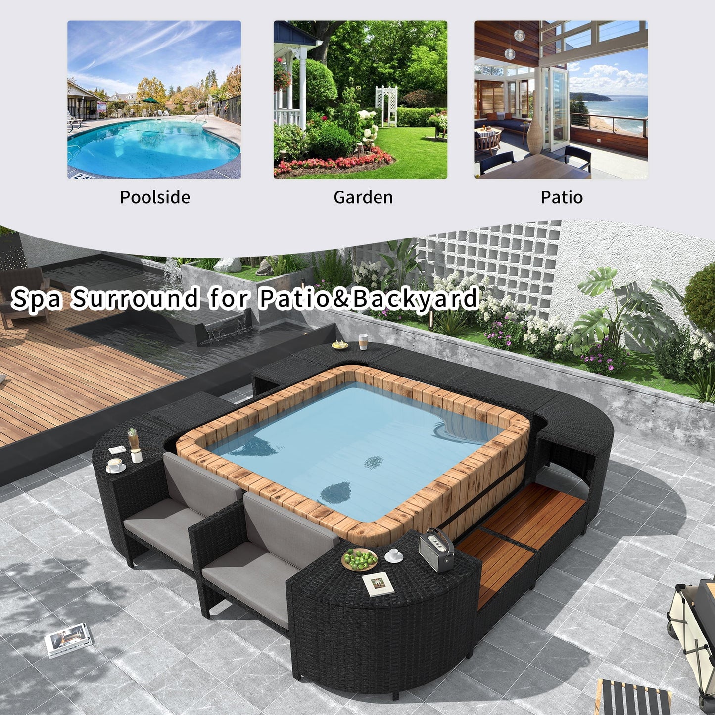 Spa Surround Furniture for Hot Tub, 74'' Hot Tub Accessories Patio Spa Frame, Rattan Sectional Sofa for Outdoor Spa with Wood Bench, Cushioned Loveseat, Storage Cabinet, Gray