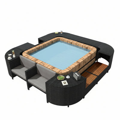 Spa Surround Furniture for Hot Tub, 74'' Hot Tub Accessories Patio Spa Frame, Rattan Sectional Sofa for Outdoor Spa with Wood Bench, Cushioned Loveseat, Storage Cabinet, Gray