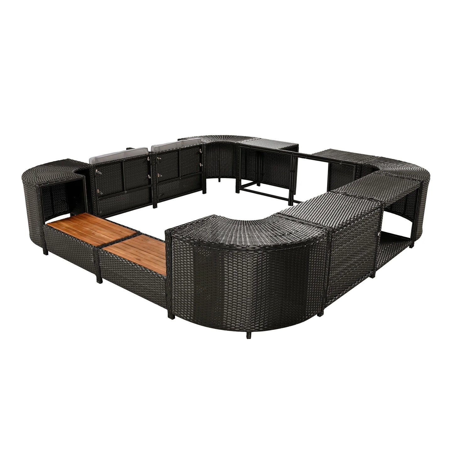 Spa Surround Furniture for Hot Tub, 74'' Hot Tub Accessories Patio Spa Frame, Rattan Sectional Sofa for Outdoor Spa with Wood Bench, Cushioned Loveseat, Storage Cabinet, Gray